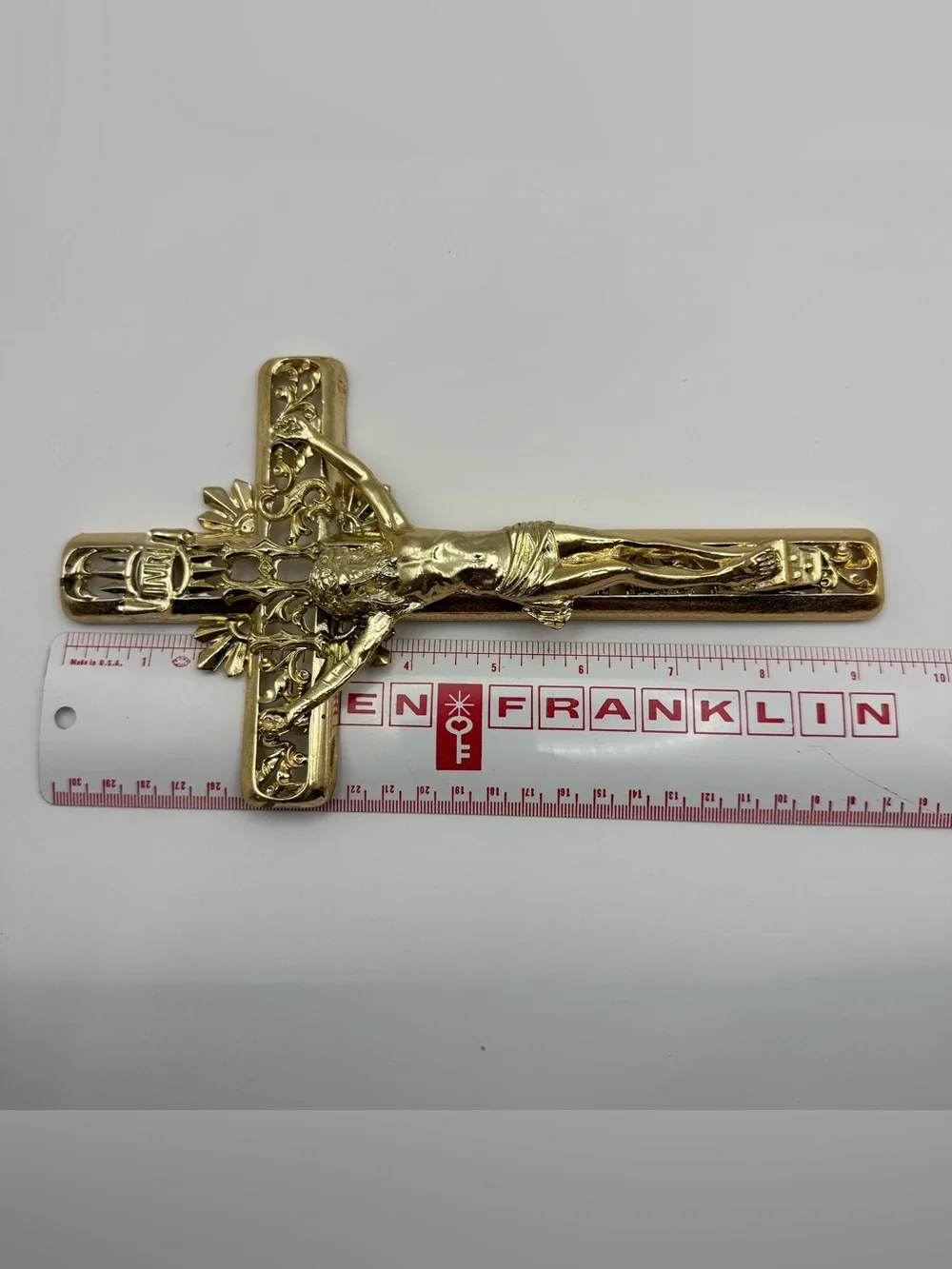Vintage Ornate Gold Tone Crucifix Wall Cross Jesus INRI Openwork Religious Decor